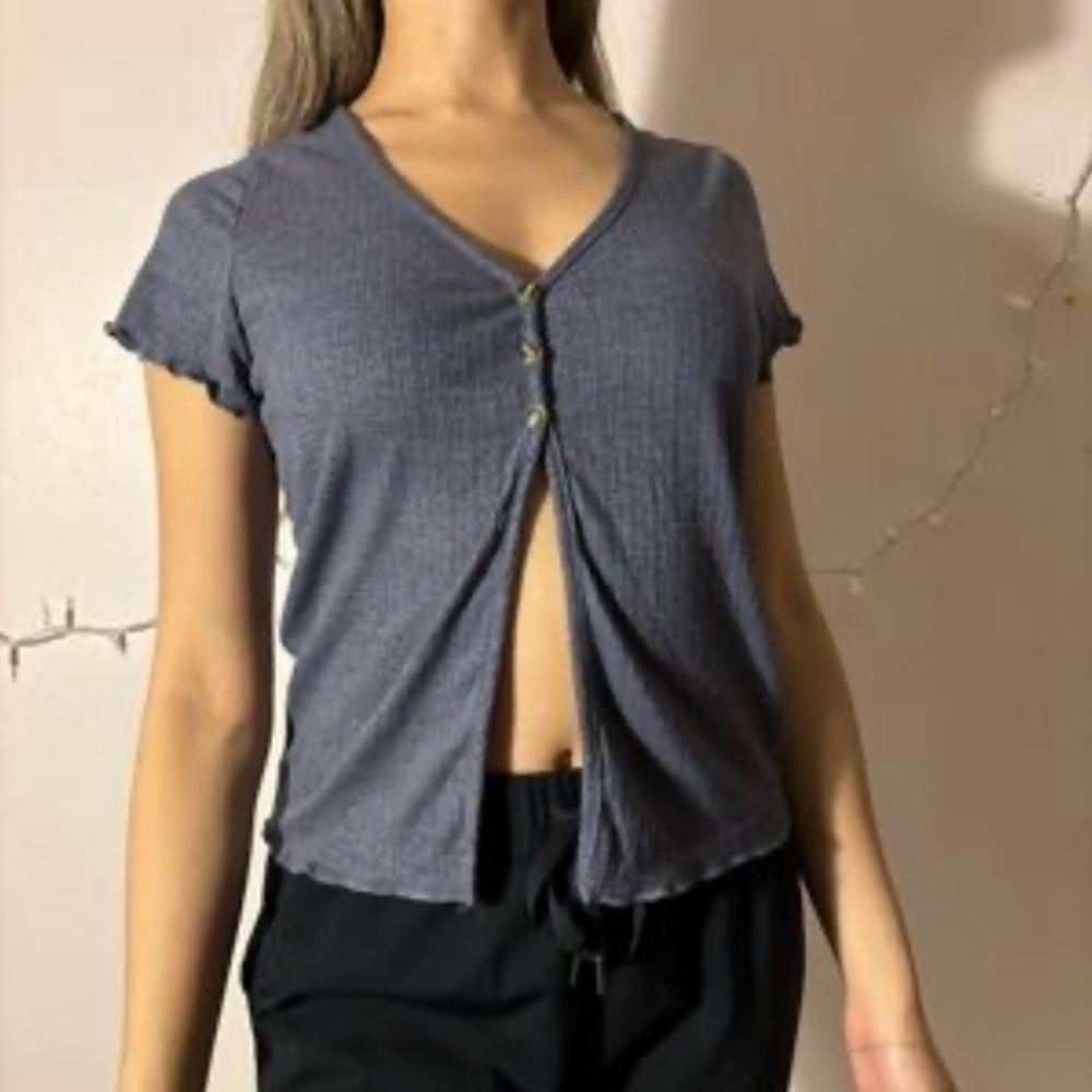 Forever Rose Couture: Blue Short Sleeve Open Torso Top. Size Medium.